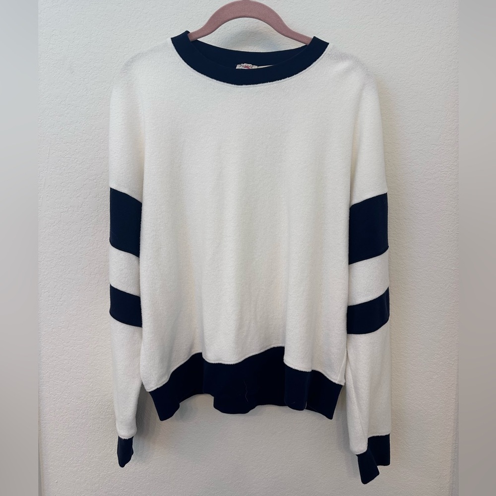 Faherty Cream and Black Striped Crew Neck Sweater